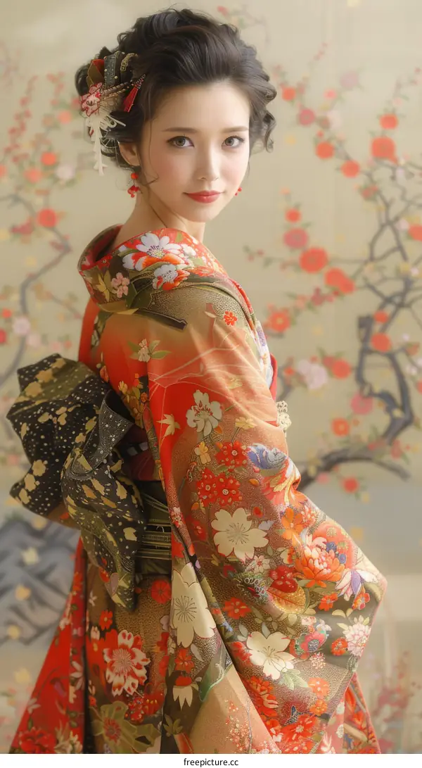 Portrait of a beautiful Japanese woman in traditional kimono
