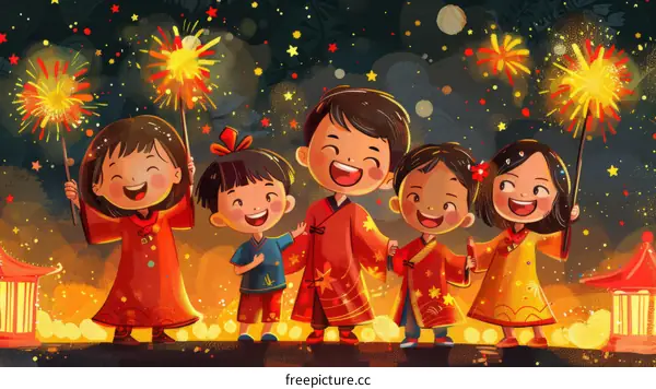 Illustration of a group of children celebrating Chinese New Year
