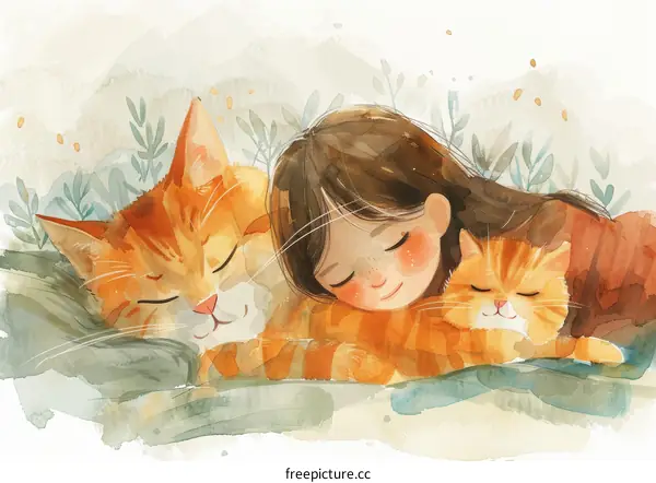 A girl sleeping with two orange cats