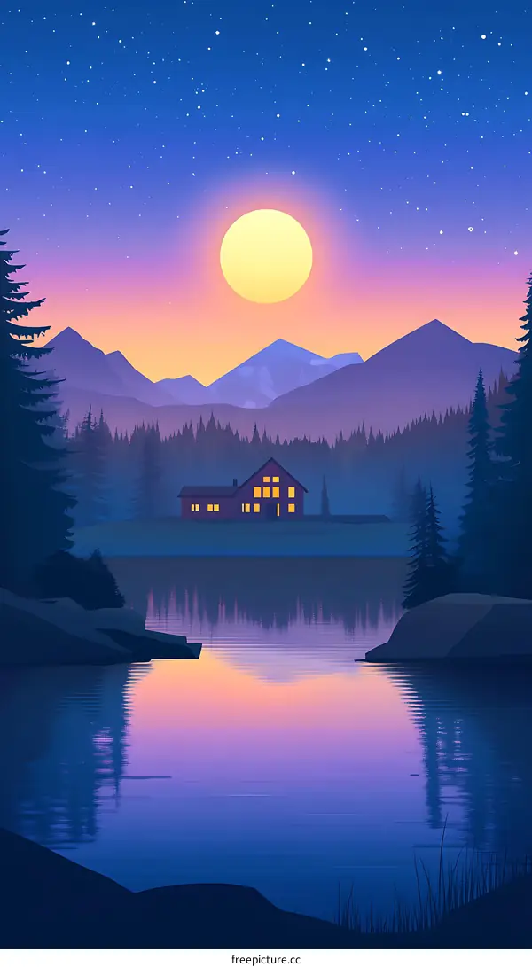 Mountain Cabin Illustration With Lake and Full Moon