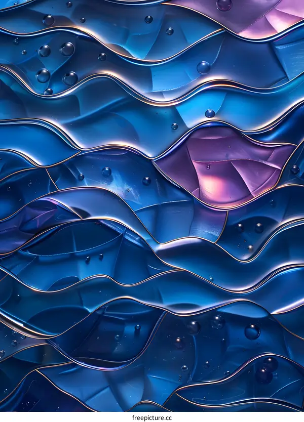 Blue and purple waves of liquid with bubbles