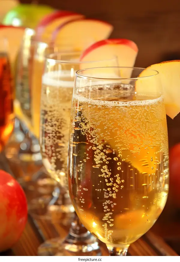 Sparkling Apple Cider In Glass With Apple Garnish