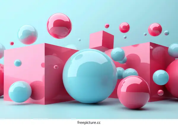 3D Blue and Pink Spheres and Cubes