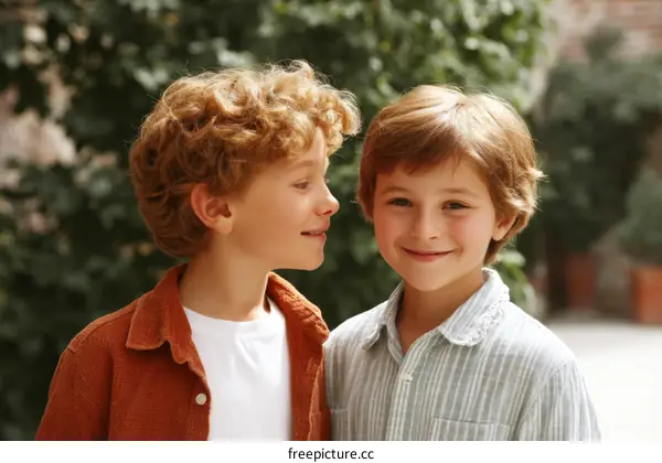 Two Caucasian Boys Outdoors Sharing a Secret