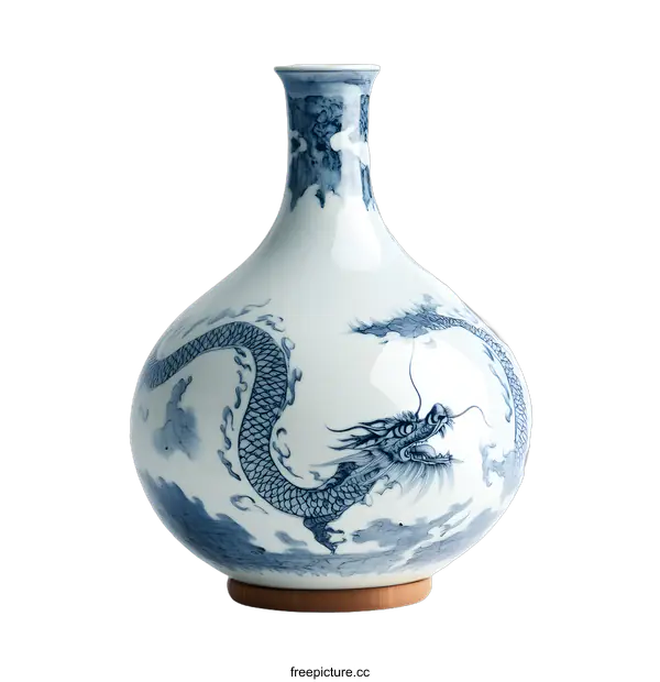 [Transparent Background PNG]Blue and White Porcelain Vase with Dragon Design