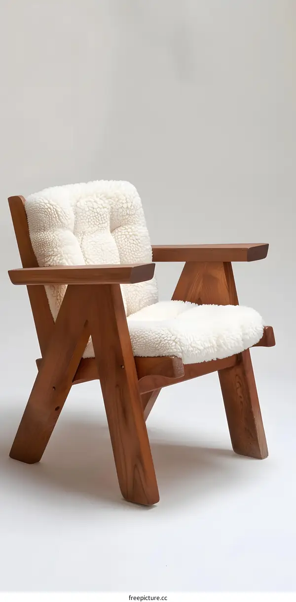Wooden Armchair with White Sheepskin Seat