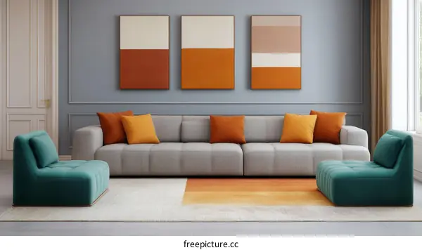 Modern Living Room with Teal Armchair and Sofa