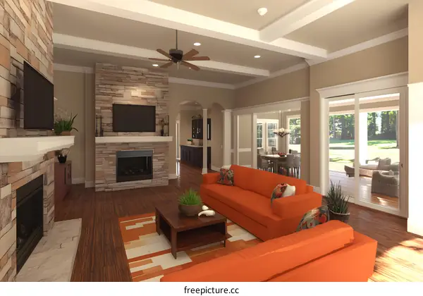 Modern Living Room Interior Design with Fireplace and Large Windows