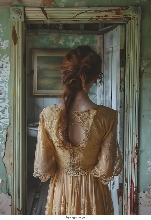 Woman in a yellow dress standing in a doorway
