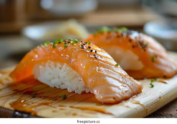 A close-up image of two pieces of sushi on a wooden board.