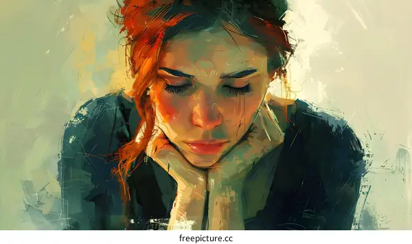 An illustration of a sad looking woman with her head in her hands