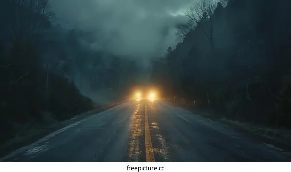 Car driving through a dark and foggy forest at night