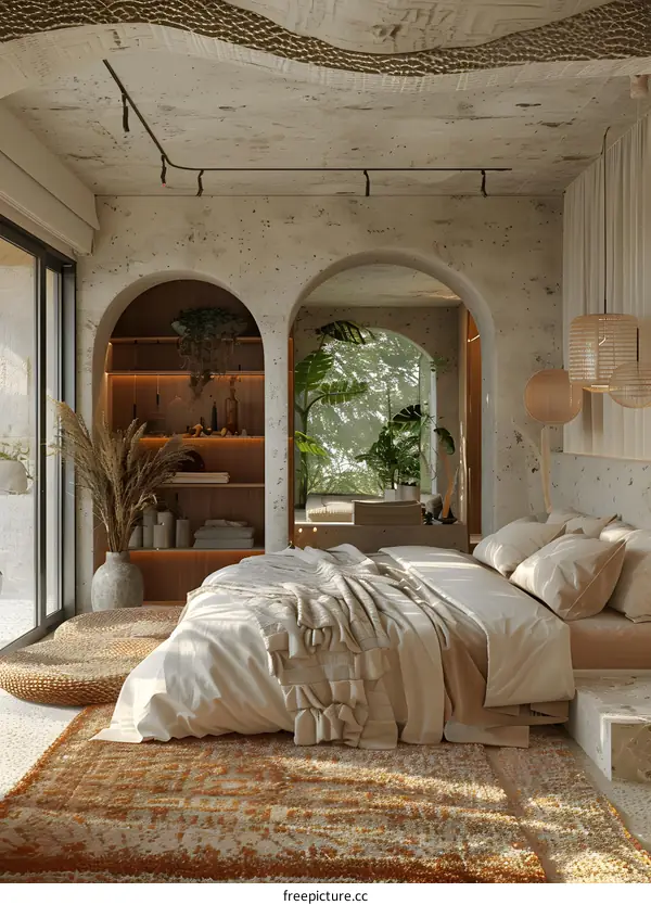 Bedroom Design With Arched Openings And Natural Elements
