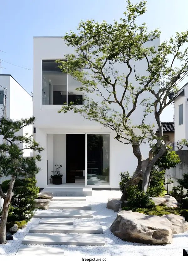 Minimalist Japanese Garden with White Gravel and Stone Steps