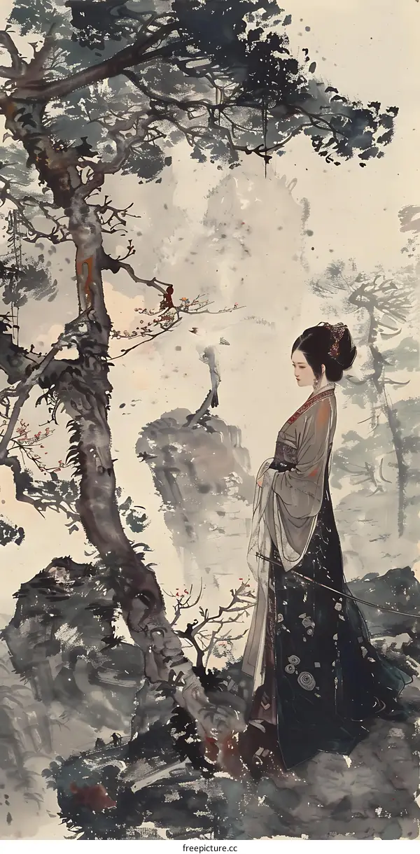 Elegant Chinese Woman in Traditional Clothing Standing in Mountainous Landscape