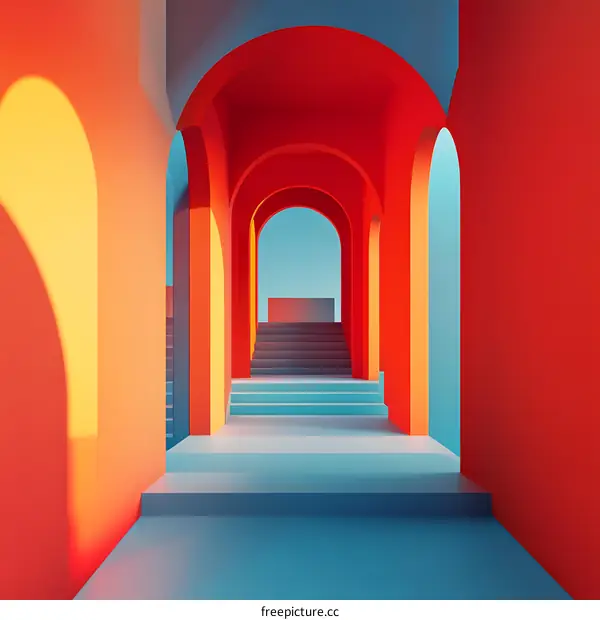 Abstract Minimalist 3D Render with Arched Passageway and Stairs