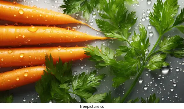Fresh Orange Carrots with Water Droplets and Parsley