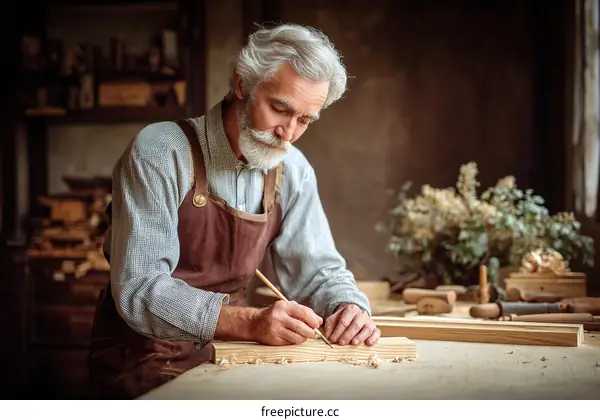 Senior Carpenter Working on Wood Project in Workshop