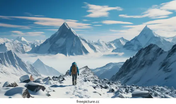 A lone climber treks through the Himalayas