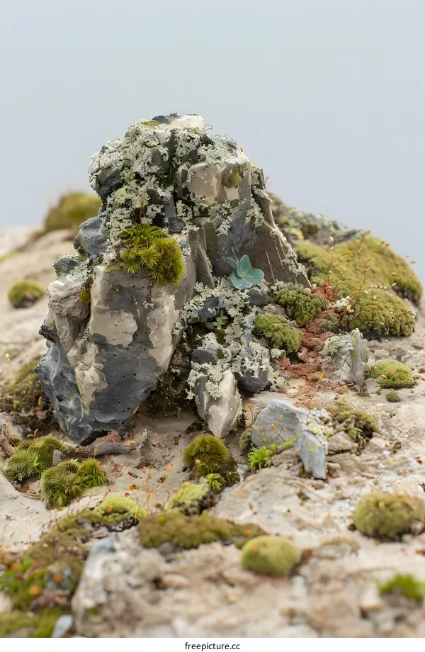 Close Up of Moss and Lichens Growing on a Rock