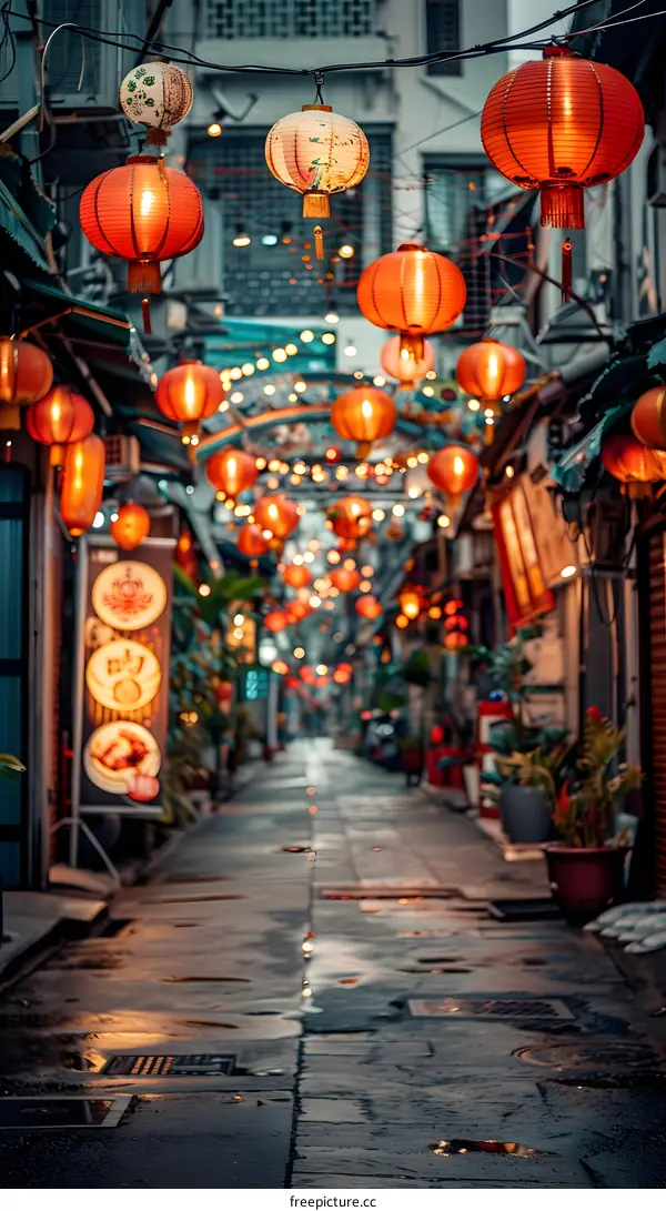 Red Lanterns Light Up Narrow Street In Asian City