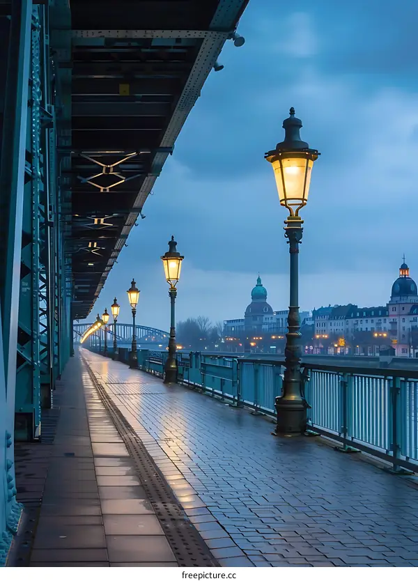 Empty Bridge Walkway with Street Lights at Dusk