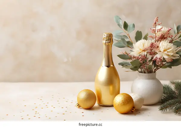 Golden Champagne Bottle and Christmas Ornament Festive Arrangement
