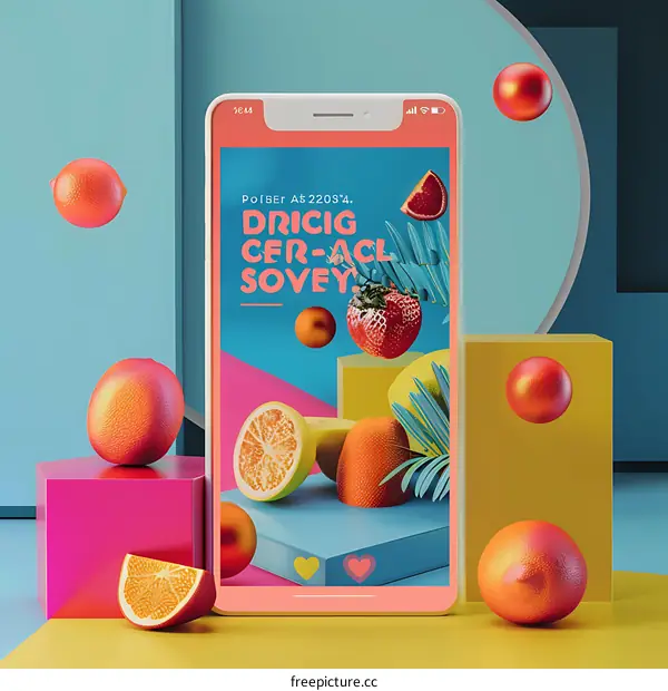 Colorful 3D Illustration of Fruits on Mobile Phone Screen