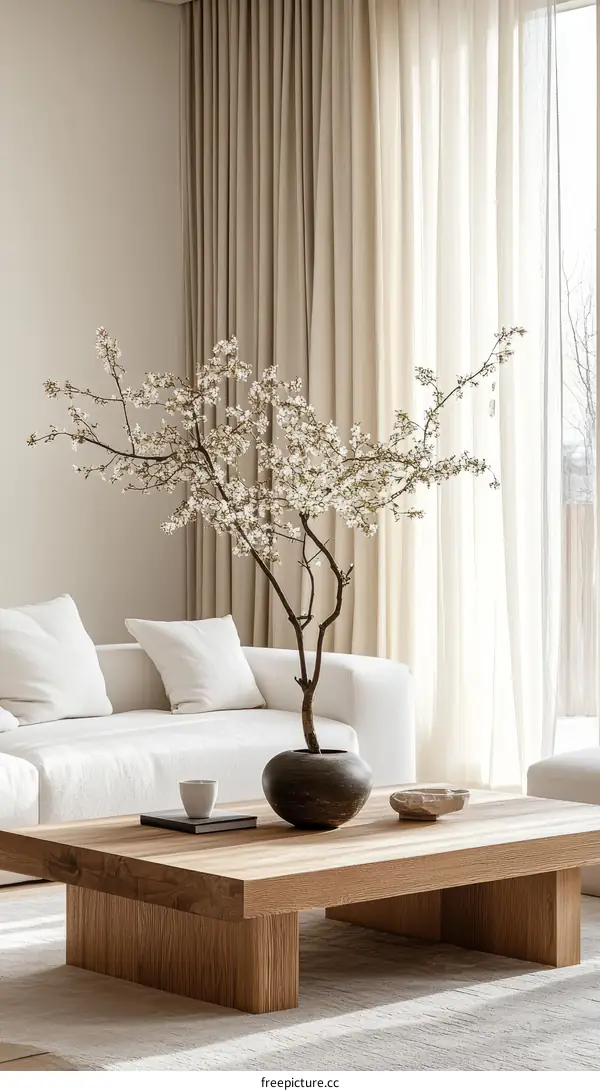 Modern Minimalist Wooden Coffee Table in a Light Beige Living Room