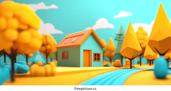 Low Poly House In Autumn Landscape