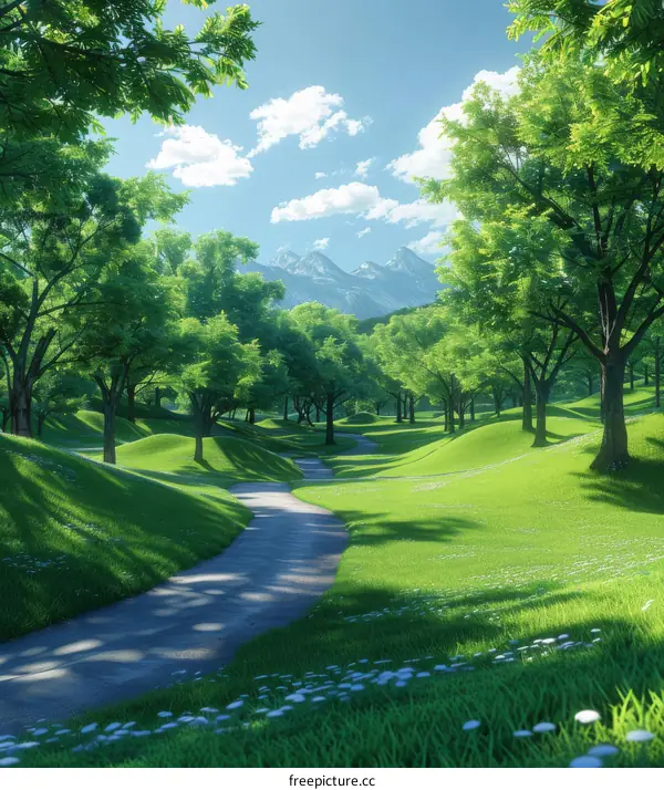 Enchanting Green Park with Cobblestone Path