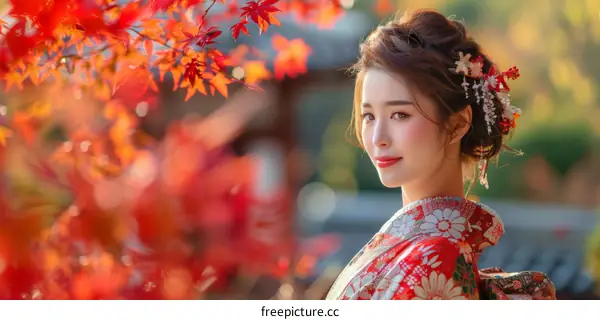Portrait of a beautiful Japanese woman in traditional kimono with red maple leaves in the background