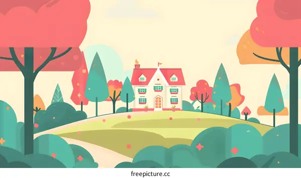Cartoon Illustration of a House in a Forest