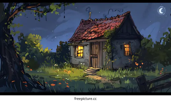Nighttime Cottage Illustration With Moonlight