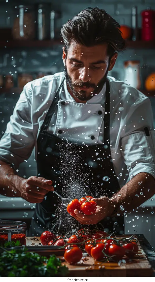 Chef is sprinkling salt on tomatoes