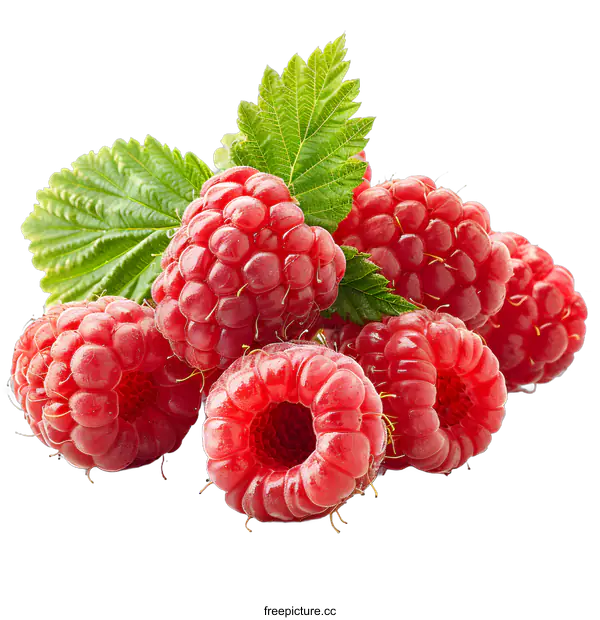 [Transparent Background PNG]Fresh raspberries with leaves