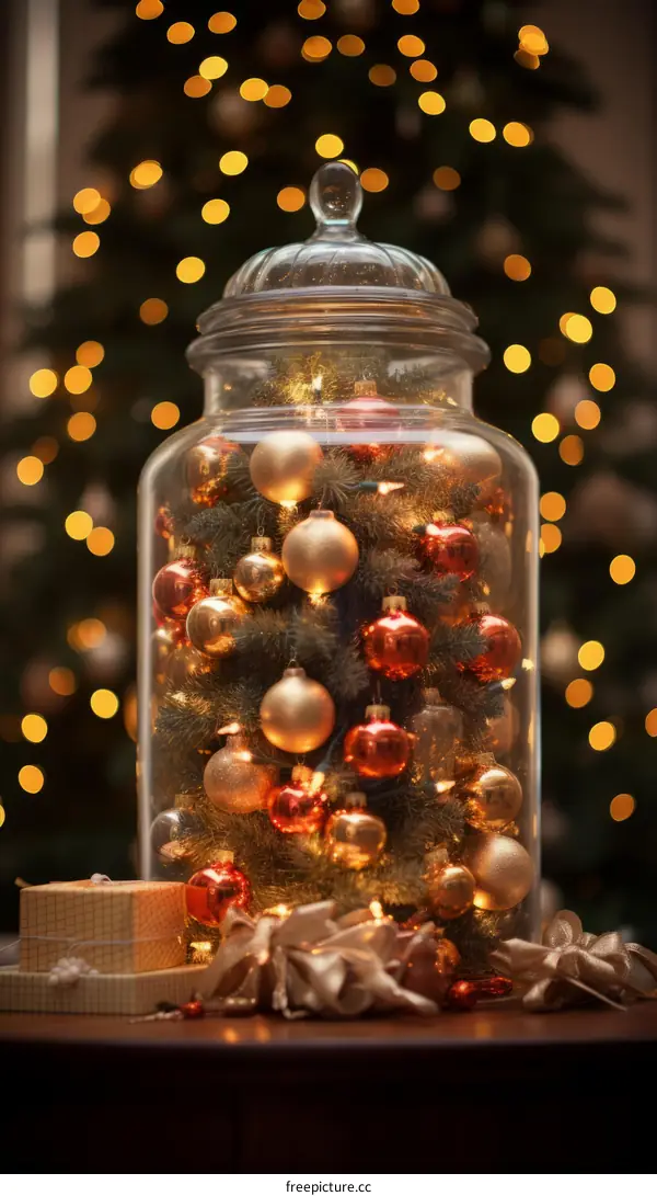 A glass jar filled with Christmas ornaments and a miniature Christmas tree