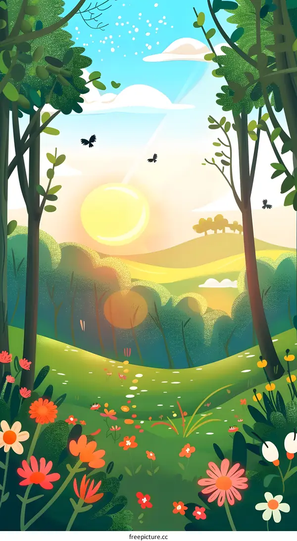 Sunrise in the Forest with Flowers