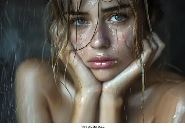 A close-up portrait of a young woman with wet hair and a pensive expression on her face