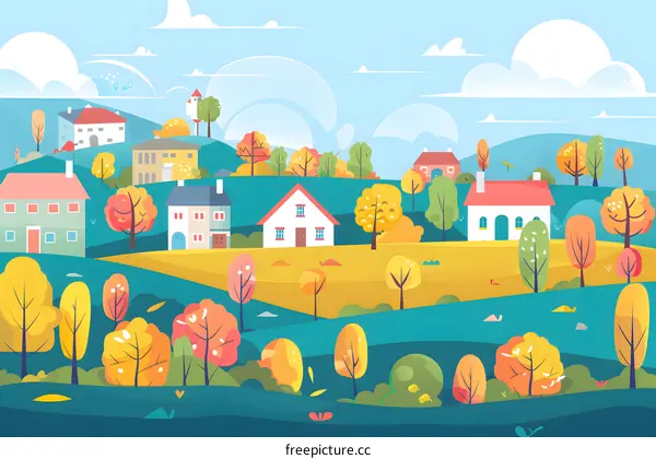 Autumn Village Landscape Illustration