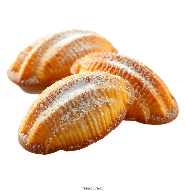 [Transparent Background PNG]Three Golden Brown Madeleines with Powdered Sugar