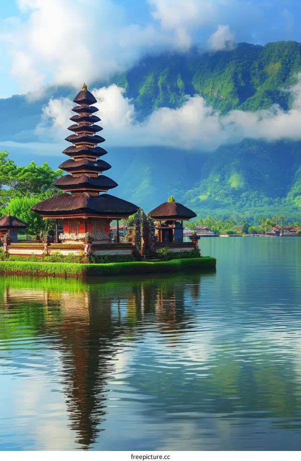 Balinese temple on the lake with a mountain backdrop