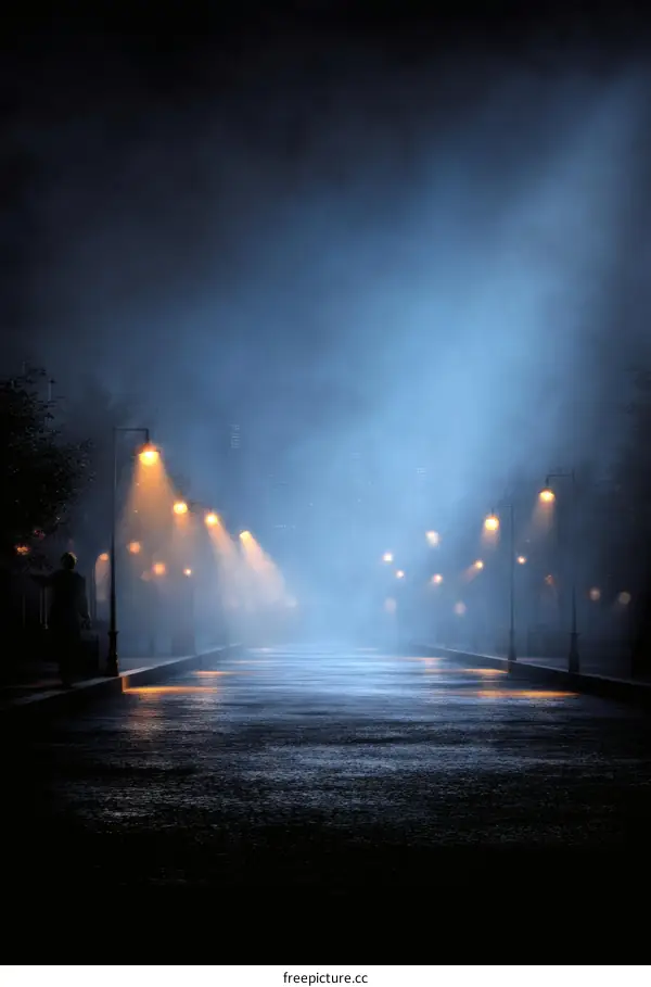Misty Night Street Scene with One Person