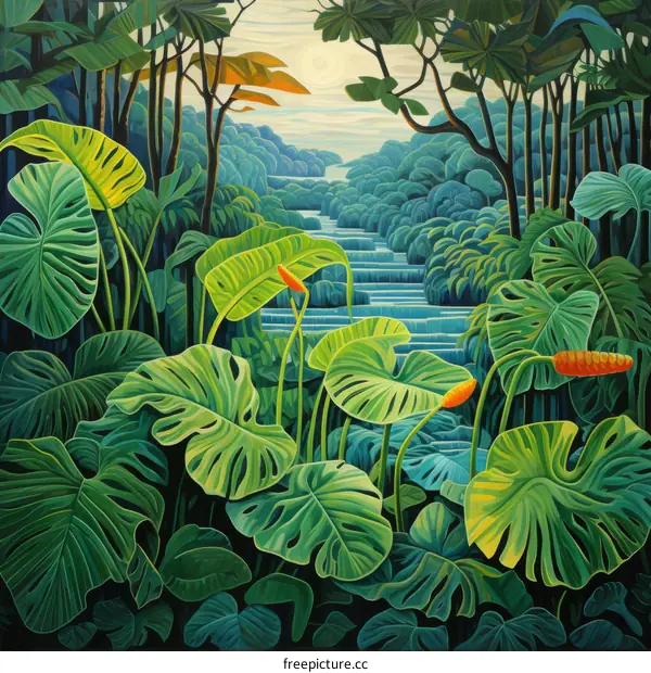 A painting of a lush tropical rainforest with a river running through it