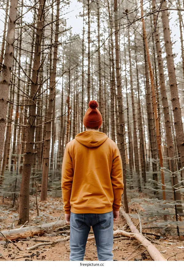 Man in a Orange Hoodie Standing in a Pine Forest