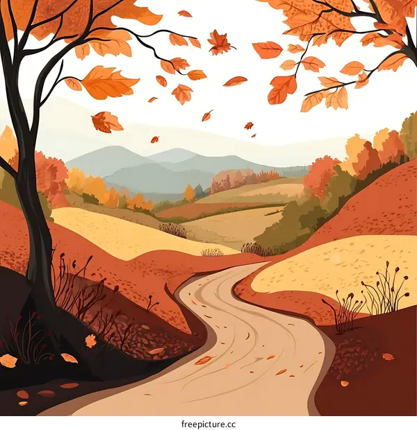 Autumn Landscape With Winding Road And Falling Leaves