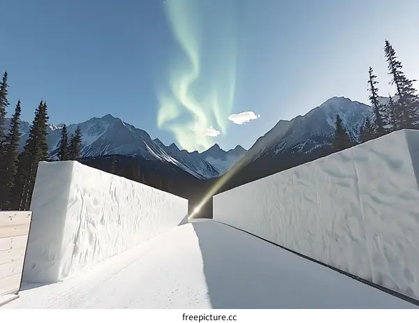 Snow Covered Mountain Landscape with Aurora Borealis