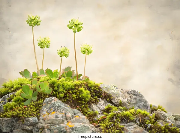Green Plants Growing on Rocks with a Textured Background