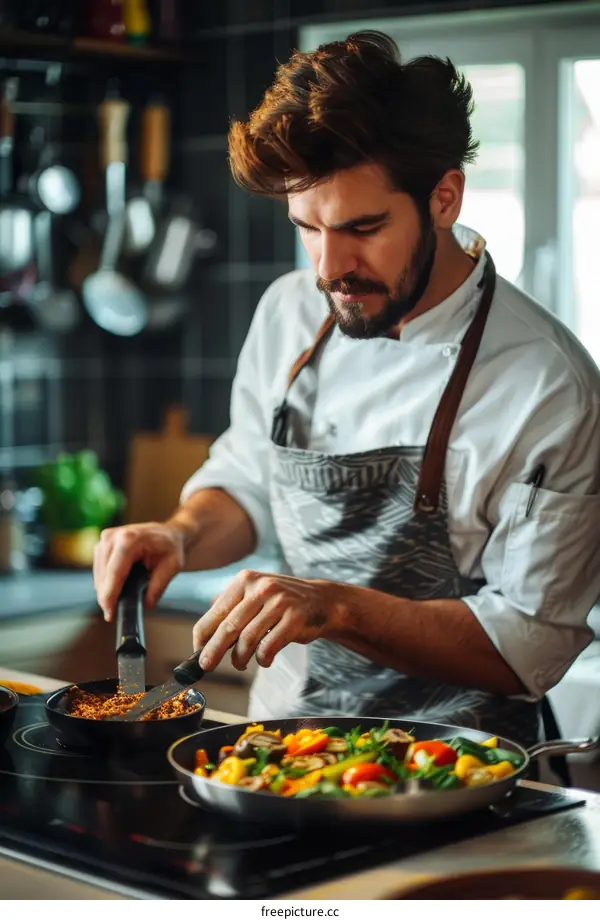 Focused male chef cooking in a kitchen