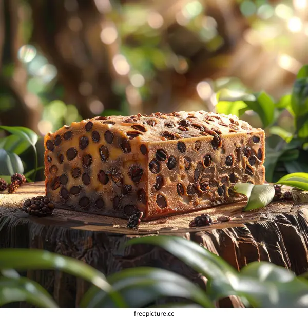 coffee cake with coffee beans on a wooden stump in the forest